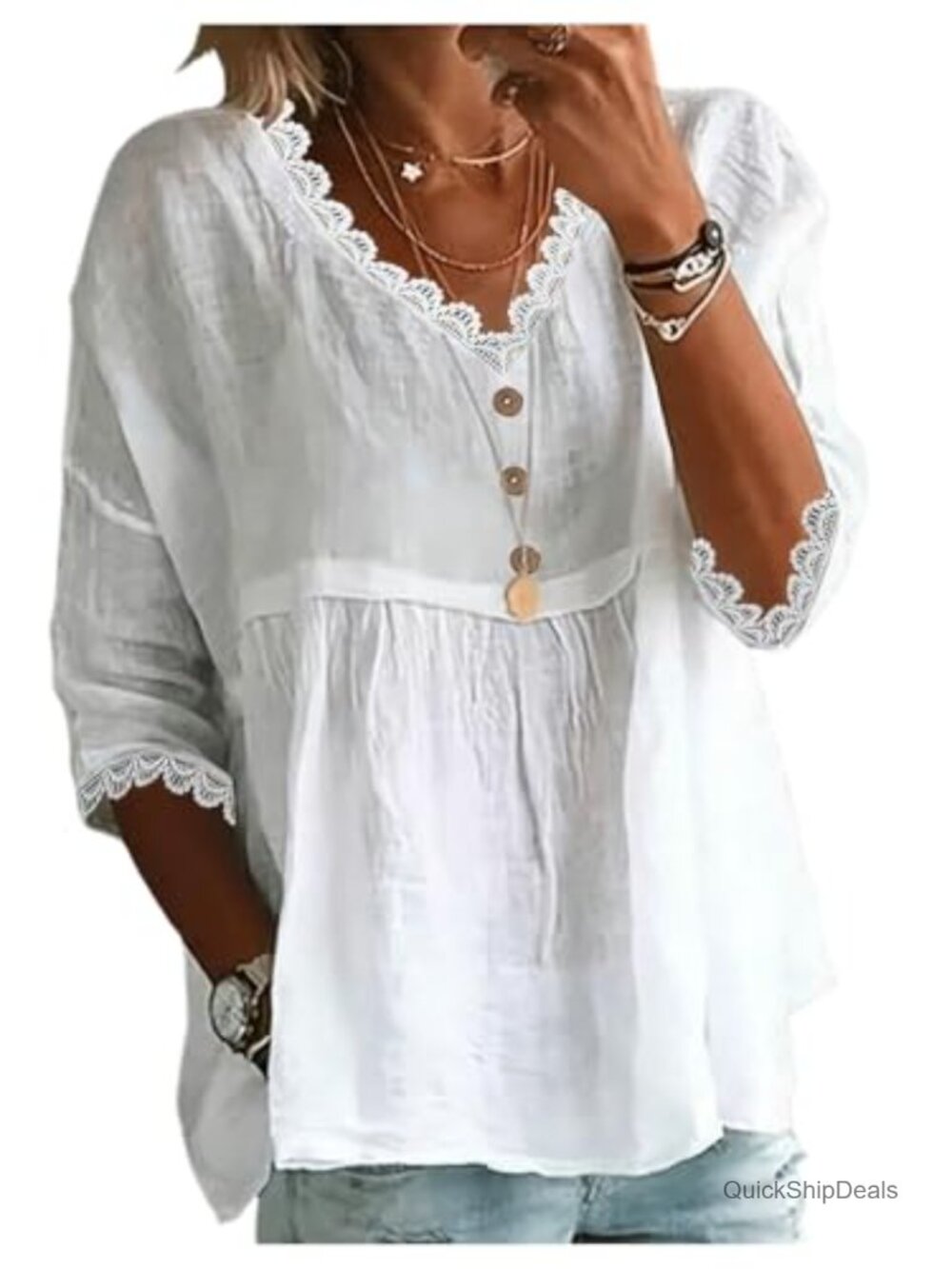 Lace Peplum Blouse 3/4 Bell Sleeve V-Neck Dressy Top